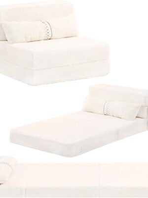 Folding Sofa Bed Couch,Single Size Foldable Futon Bed with Pillow, Folding Sleeper Sofa Bed Floor Mattress for Guest Room, Living Room, Beige