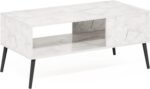 Mid Century Style Coffee Table with Wood Legs, Marble White