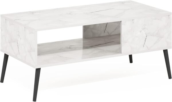 Mid Century Style Coffee Table with Wood Legs, Marble White