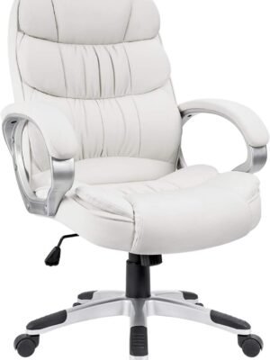 Office Chair High Back Computer Desk Chair,  Leather Adjustable Height Modern Executive Swivel Task with Padded Armrests and Lumbar Support (White)