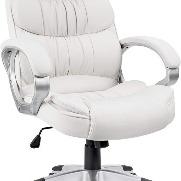 Office Chair High Back Computer Desk Chair,  Leather Adjustable Height Modern Executive Swivel Task with Padded Armrests and Lumbar Support (White)