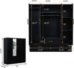 Armoire Wardrobe Closet & Cabinet with Mirror - 4 Door Wooden Armoire Wardrobe for Large Capacity Clothes Storage with Shelves and Hanging Rail, Black