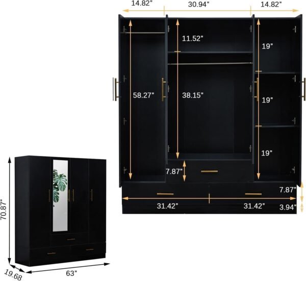 Armoire Wardrobe Closet & Cabinet with Mirror - 4 Door Wooden Armoire Wardrobe for Large Capacity Clothes Storage with Shelves and Hanging Rail, Black
