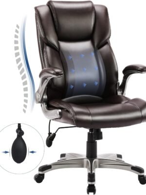 High Back Executive Office Chair- Ergonomic Home Computer Desk Leather Chair with Padded Flip-up Arms, Adjustable Tilt Lock, Swivel Rolling Chair for Adult Working Study-Brown