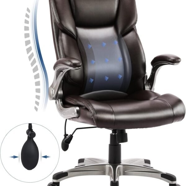 High Back Executive Office Chair- Ergonomic Home Computer Desk Leather Chair with Padded Flip-up Arms, Adjustable Tilt Lock, Swivel Rolling Chair for Adult Working Study-Brown