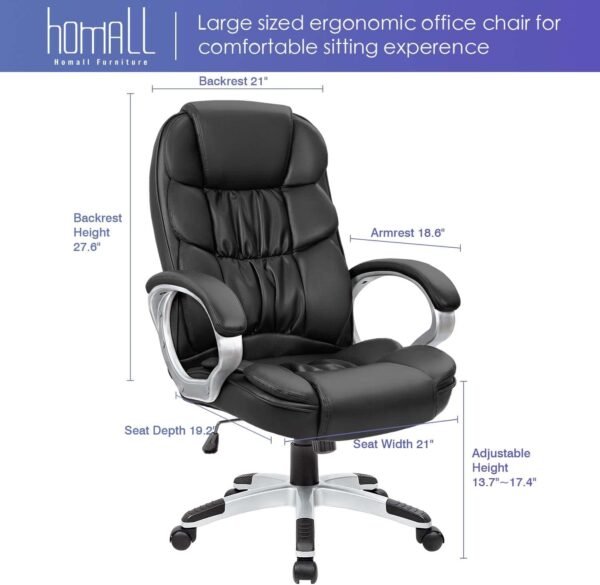 Office Chair High Back Computer Desk Chair,  Leather Adjustable Height Modern Executive Swivel Task Chair with Padded Armrests and Lumbar Support (Black)