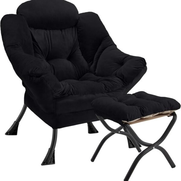 Lazy  with Folding Ottoman  Large  ,Contemporary Lounge Leisure Sofa  with Armrests Upholstered Sofa Arm Reading  for Bedroom,Dorm & Office(Black-f)