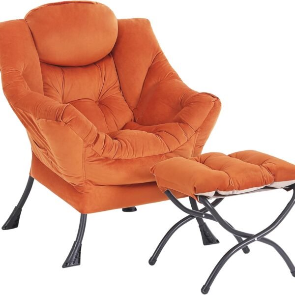 Lazy  with Ottoman,    Contemporary Lounge Leisure Sofa  with Armrests, Reading  and Folding Footstool Set for Living Room, Bedroom, Orange