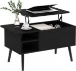 Living Room Wooden Leg Lift Top Coffee Table With Hidden Compartment and Side Open Storage Shelf, Americano