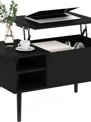 Living Room Wooden Leg Lift Top Coffee Table With Hidden Compartment and Side Open Storage Shelf, Americano