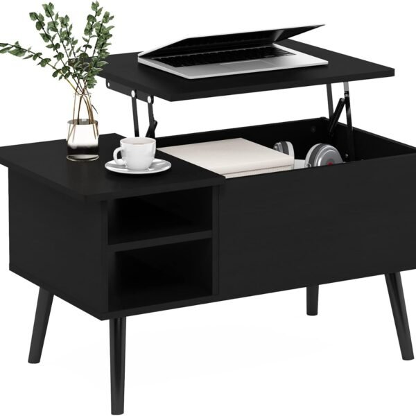 Living Room Wooden Leg Lift Top Coffee Table With Hidden Compartment and Side Open Storage Shelf, Americano