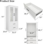 Wooden Armoire Wardrobe Closet with Glass Door, Bedroom Armoire Storage Cabinet, 4 Door Modern White Armoire Wardrobe Closet with Hanging Rod for Bedroom