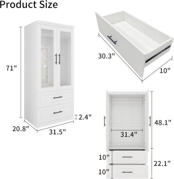 Wooden Armoire Wardrobe Closet with Glass Door, Bedroom Armoire Storage Cabinet, 4 Door Modern White Armoire Wardrobe Closet with Hanging Rod for Bedroom