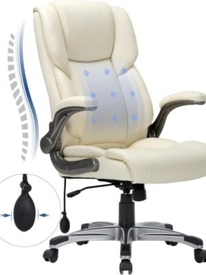 High Back Executive Office Chair- Ergonomic Home Computer Desk Leather Chair with Padded Flip-up Arms, Adjustable Tilt Lock, Swivel Rolling Chair for Adult Working Study-Ivory