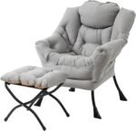 Lazy  with Ottoman,    Contemporary Lounge Leisure Upholstered Sofa  Set with Armrests, Reading  for Living Room, Bedroom, Office, White Grey