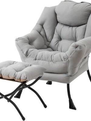 Lazy with Ottoman, Contemporary Lounge Leisure Upholstered Sofa Set with Armrests, Reading for Living Room, Bedroom, Office, White Grey