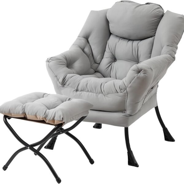 Lazy  with Ottoman,    Contemporary Lounge Leisure Upholstered Sofa  Set with Armrests, Reading  for Living Room, Bedroom, Office, White Grey