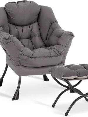 Lazy with Ottoman, Leisure Upholstered Lazy Sofa Arm, Contemporary Lounge Reading with Armrests and a Side Pocket for Living Room, Bedroom & Small Space, Dark Grey