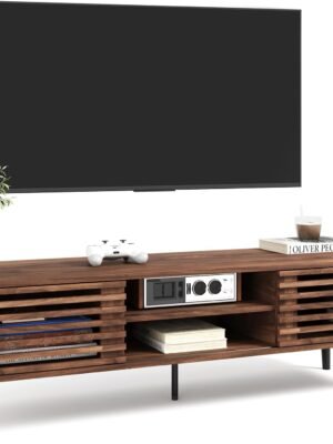 Mid Century Modern TV Stand, 52" Slatted TV Console with Sliding Doors and Storage for TVs Up to 60 Inches, Small Entertainment Center Media Console Cabinet for Living Room - Walnut Brown