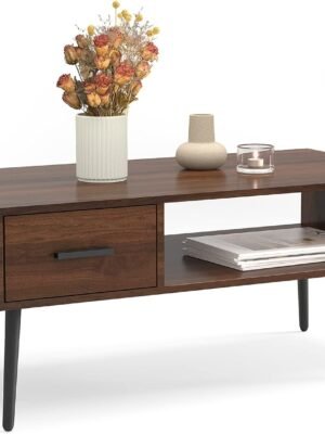 Coffee Table, Mid Century Modern Style Cocktail Table TV Stand with Drawer, Open Storage Shelf, Stable Floor-Anti-Scratching Pine Leg for Home, Office, Living Room - Walnut