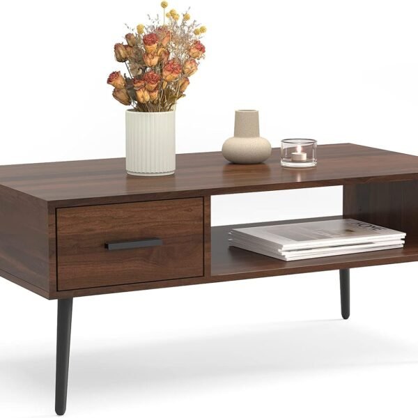 Coffee Table, Mid Century Modern Style Cocktail Table TV Stand with Drawer, Open Storage Shelf, Stable Floor-Anti-Scratching Pine Leg for Home, Office, Living Room - Walnut