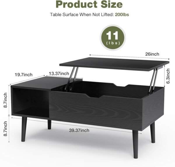 Modern Lift Top Coffee Table Wooden Furniture with Storage Shelf and Hidden Compartment for Living Room Office (Black)