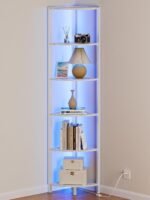 6 Tier Corner Shelf with  Light, 67.5” Tall Standing Shelf Organizer, White Narrow Bookshelf with Storage Rack for Wall Corner, Living Room, Bedroom, Metal Frame, Wood Display Shelf