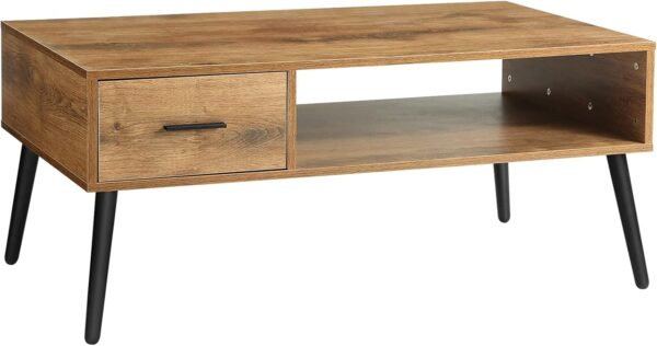 Coffee Table, Mid Century Modern Style Cocktail Table TV Stand with Drawer, Open Storage Shelf, Stable Floor-Anti-Scratching Pine Leg for Home, Office, Living Room