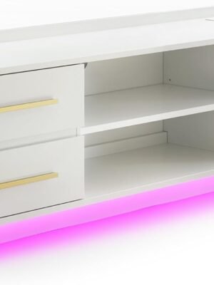 66" TV Stand for TVs Up to 75", LED Light Entertainment Center with Power Outlet, 4 Drawers and 2-Tier Open Shelves TV Cabinet, TV Console for Living Room, Bedroom (White)