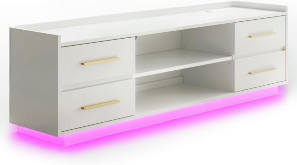 66" TV Stand for TVs Up to 75", LED Light Entertainment Center with Power Outlet, 4 Drawers and 2-Tier Open Shelves TV Cabinet, TV Console for Living Room, Bedroom (White)