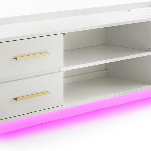 66" TV Stand for TVs Up to 75", LED Light Entertainment Center with Power Outlet, 4 Drawers and 2-Tier Open Shelves TV Cabinet, TV Console for Living Room, Bedroom (White)