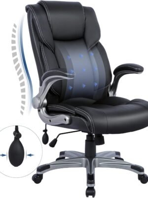 High Back Executive Office Chair- Ergonomic Home Computer Desk Leather Chair with Padded Flip-up Arms, Adjustable Tilt Lock, Swivel Rolling Chair for Adult Working Study-Black