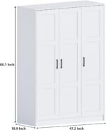3 Doors Wooden Wardrobe Closet Armoire, White Storage Cabinet for Hanging Clothes, Bedroom Large Capacity Freestanding Armoire,Wood Wardrobe Combination with Shelves (White)