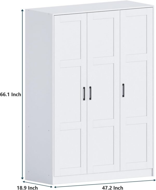 3 Doors Wooden Wardrobe Closet Armoire, White Storage Cabinet for Hanging Clothes, Bedroom Large Capacity Freestanding Armoire,Wood Wardrobe Combination with Shelves (White)