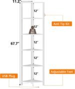 6 Tier Corner Shelf with  Light, 67.5” Tall Standing Shelf Organizer, White Narrow Bookshelf with Storage Rack for Wall Corner, Living Room, Bedroom, Metal Frame, Wood Display Shelf