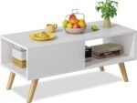 Wood Coffee Table,Large Middle Center Table for Living Room, White Aesthetic Coffee Table with Storage, Modern Tea Dining Table for Home Small Space,39.4 * 19.7 * 18.5 in,White