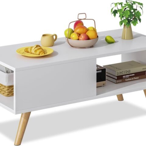 Wood Coffee Table,Large Middle Center Table for Living Room, White Aesthetic Coffee Table with Storage, Modern Tea Dining Table for Home Small Space,39.4 * 19.7 * 18.5 in,White