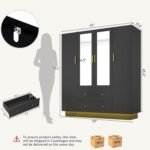 4 Door Wardrobe Closet with Mirrors and LED Lights, Bedroom Armoire with Drawers and Shelves, Modern Wooden Armoire Wardrobe Closet with Hanging Rod for Bedroom, Black