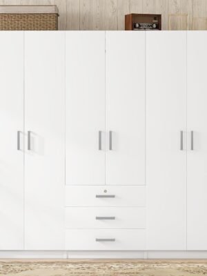 Large White 6 Doors Wooden Wardrobe, Bedroom Tall Armoire Closet Organizer with Big Drawers, Hanging Rails and Shelves, Clothes Storage Cabinet for Garage & Laundry Room, White