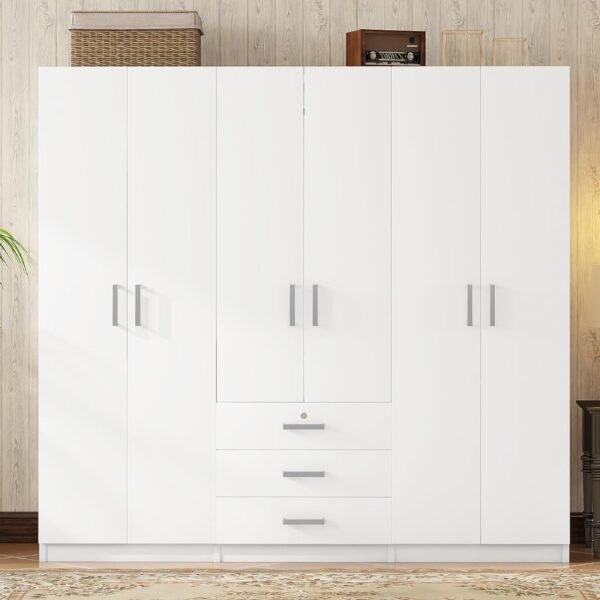Large White 6 Doors Wooden Wardrobe, Bedroom Tall Armoire Closet Organizer with Big Drawers, Hanging Rails and Shelves, Clothes Storage Cabinet for Garage & Laundry Room, White
