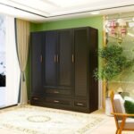Large Armoire Wardrobe Closet with 4 Drawers, 6 Shelves & Hanging Rod, 4 Louver Doors Wooden Closet Storage Cabinet for Bedroom, Black 70.47”H