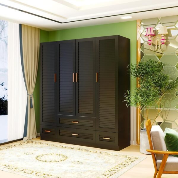 Large Armoire Wardrobe Closet with 4 Drawers, 6 Shelves & Hanging Rod, 4 Louver Doors Wooden Closet Storage Cabinet for Bedroom, Black 70.47”H