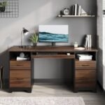 59” Computer Desk with 4 Drawers, Office Desk with Storage, Industrial Executive Desk with File Drawer, Keyboard Tray & 2 Pedestals for Home Office & Studio, Cherry