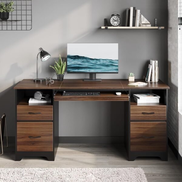 59” Computer Desk with 4 Drawers, Office Desk with Storage, Industrial Executive Desk with File Drawer, Keyboard Tray & 2 Pedestals for Home Office & Studio, Cherry