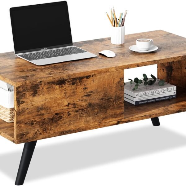 Coffee Tables for Living Room,Middle Table Mid-Century Coffee Table, Wooden Accent Table with Large Open Storage Shelf, Wood Grain Finish,39.4 * 19.7 * 18.5 in,Brown