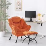 Lazy  with Ottoman,    Contemporary Lounge Leisure Sofa  with Armrests, Reading  and Folding Footstool Set for Living Room, Bedroom, Orange