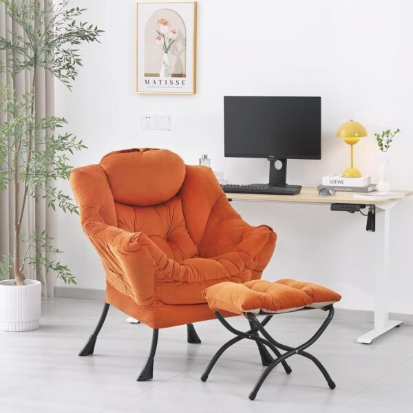 Lazy  with Ottoman,    Contemporary Lounge Leisure Sofa  with Armrests, Reading  and Folding Footstool Set for Living Room, Bedroom, Orange
