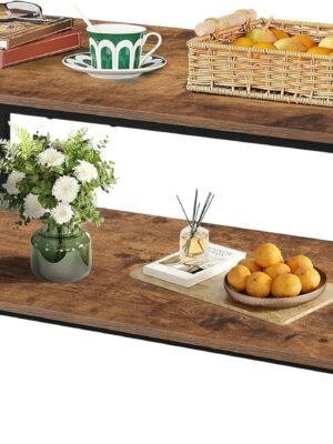 2-Tier Coffee Table with Storage Shelf for Living Spaces, Brown Rectangle Wood and Sturdy Metal Side End Table, Functional Center Table for Living Room, 39.3 x 20 x 24.4