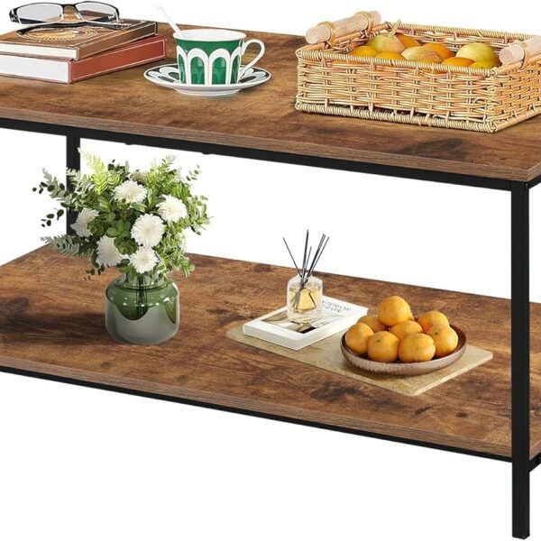 2-Tier Coffee Table with Storage Shelf for Living Spaces, Brown Rectangle Wood and Sturdy Metal Side End Table, Functional Center Table for Living Room, 39.3 x 20 x 24.4