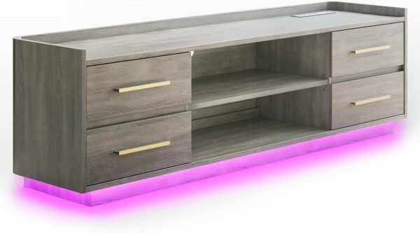 66’’ TV Stand for TVs Up to 75", LED Light Entertainment Center with Power Outlet, 4 Drawers and 2-Tier Open Shelves TV Cabinet, TV Console for Living Room, Bedroom (Slate Gray)